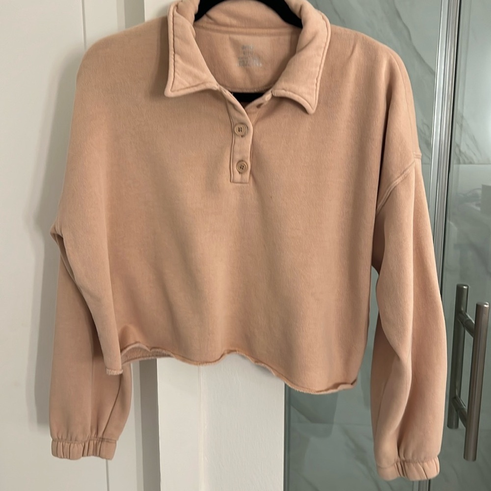 Aerie Fleece of Mind Cropped Polo Sweatshirt in color “Natural Nude”